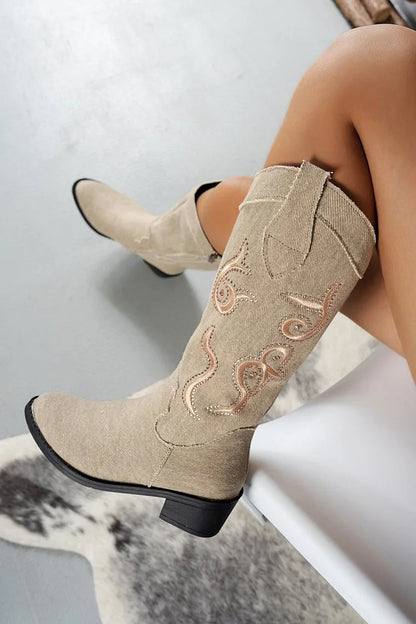 Denim Embroidery Patchwork Zipper Round Toe Chunky Heel Knee High Boots