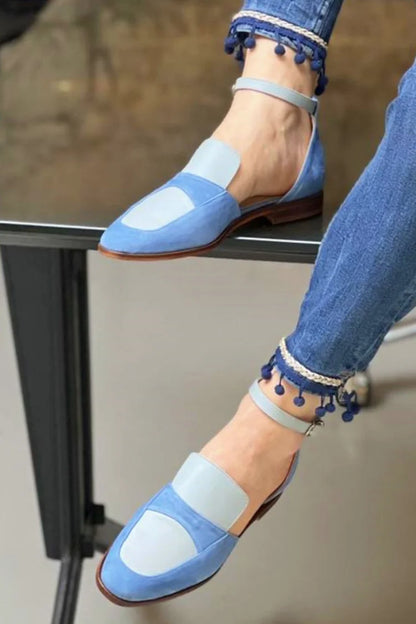 Ankle Strap Buckle Colorblock Round Toe Blue Flats [Pre Order]