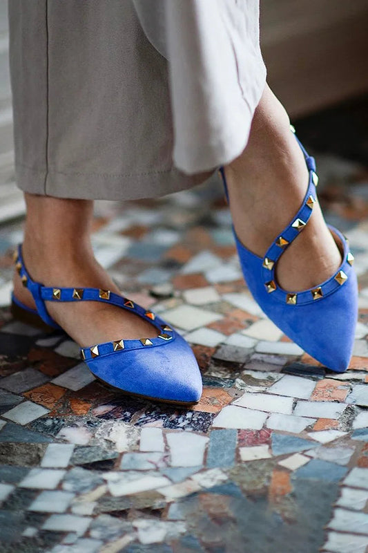 Metallic Studded Decor Pointed Toe Blue Flats [Pre Order]