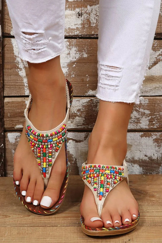 Colourful Beads Seam Decor Elastic Band Flip Flops Sandals