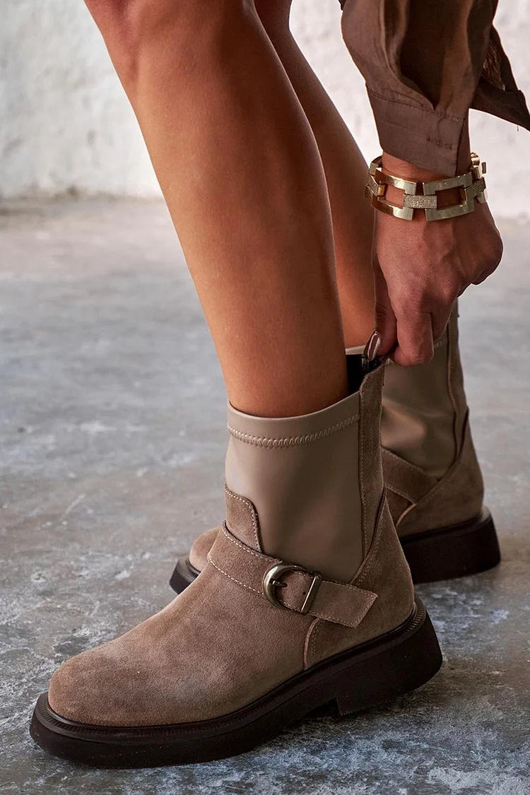 Patchwork Strap Buckle Round Toe Taupe Ankle Boots [Pre Order]