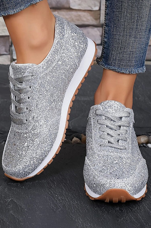 Sneakers alla moda con punta rotonda e lacci con paillettes glitterate 