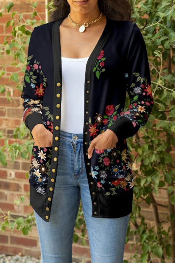 Cardigan con stampa floreale, scollo a V, bottoni, maniche lunghe 