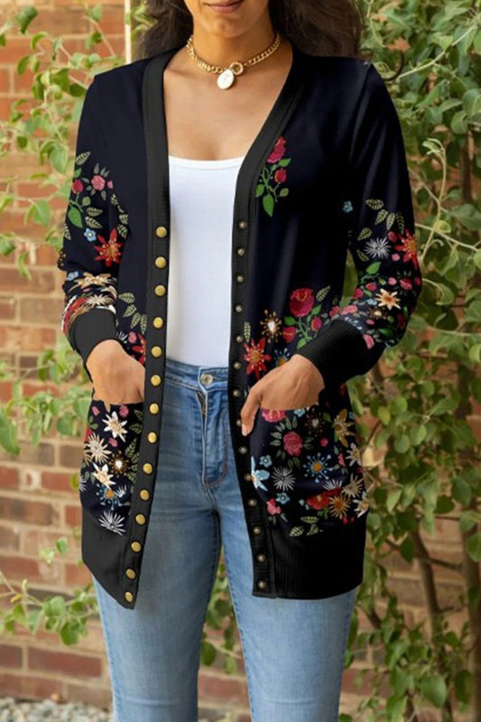 Cardigan con stampa floreale, scollo a V, bottoni, maniche lunghe 