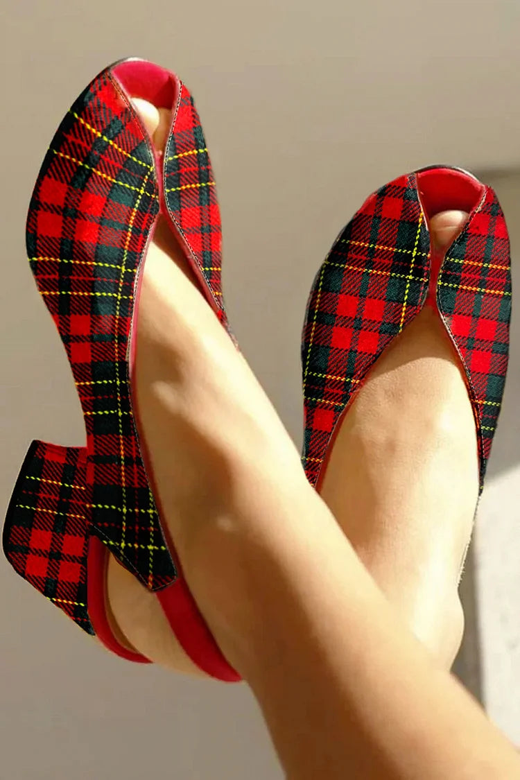 Peep Toe Colorblock Plaid Slingback Red Chunky Heels [Pre Order]