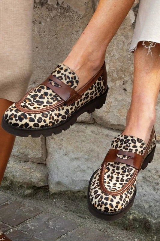 Leopard Print Round Toe Patchwork Beige Loafers [Pre Order]