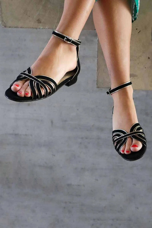 Contrast Trim Hollow Out Ankle Strap Buckle Black Sandals [Pre Order]