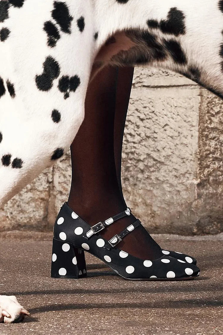 Polka Dot Print Two Straps Buckles Black Chunky Heels [Pre Order]