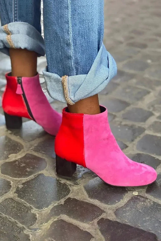 Colorblock Zipper Round Toe Pink Chunky Heels Boots [Pre Order]