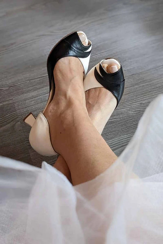 Colorblock Peep Toe Elegant White Stiletto Heels [Pre Order]