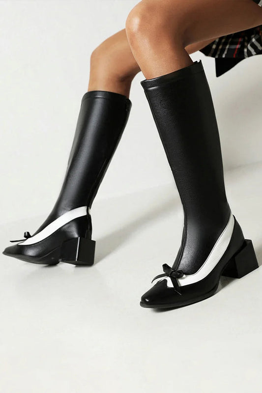 Bow Decor Zipper Colorblock Pointed Toe Chunky Heel Knee High Boots