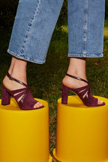 Patchwork Cutout Open Toe Slingback Burgundy Chunky Heels [Pre Order]