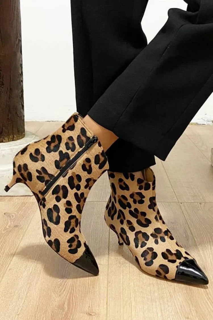 Leopard Print Pointed Toe Patchwork Beige Heel Boots [Pre Order]