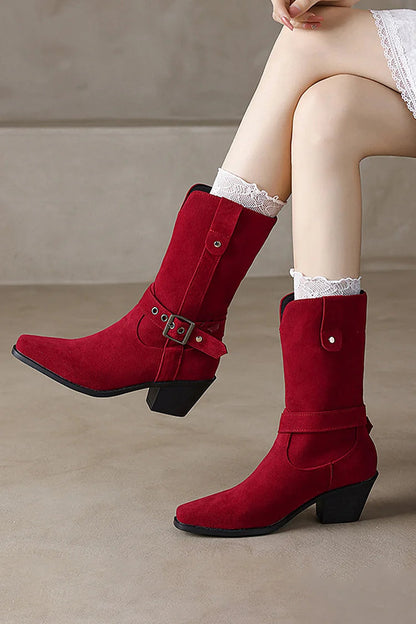 Patchwork Strap Buckle V Cut Square Toe Chunky Heel Mid Boots