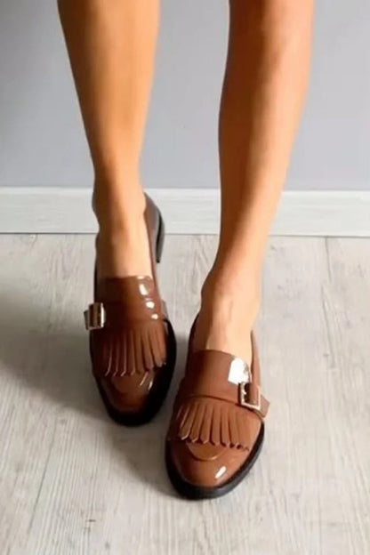 Strap Buckle Fringed Trim Round Toe Brown Loafers [Pre Order]