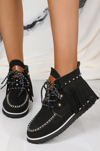 Fringed Trim Metallic Studded Round Toe Lace Up Ankle Boots