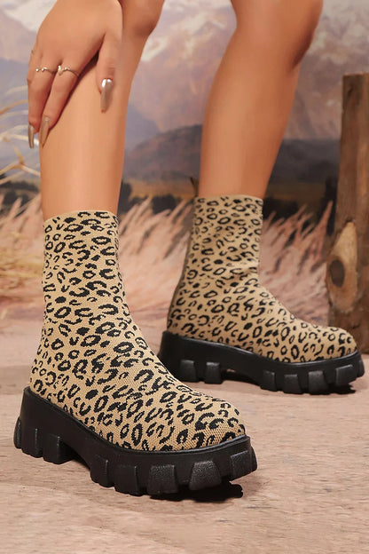 Leopard Pattern Chunky Heel Round Toe Pull On Mid Boots