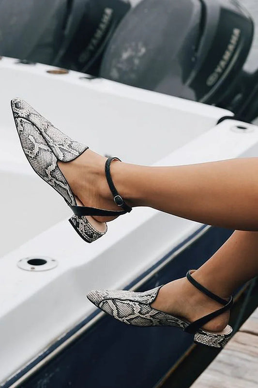 Snake Print Ankle Strap Buckle Pointed Toe Gray Flats [Pre Order]