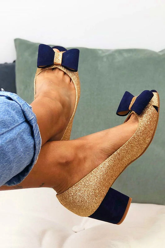 Glitter Peep Toe Colorblock Bow Decor Gold Chunky Heels [Pre Order]