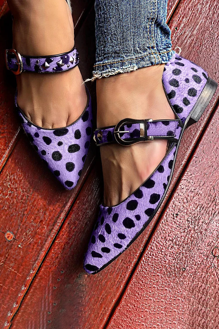 Pointed Toe Animal Print Instep Strap Buckle Purple Flats [Pre Order]