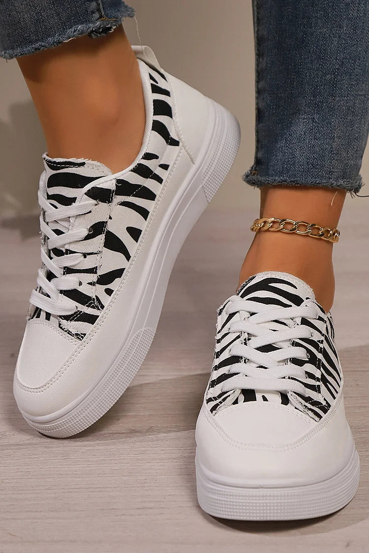 Zebra Print Patchwork Round Toe Casual Lace Up Sneakers