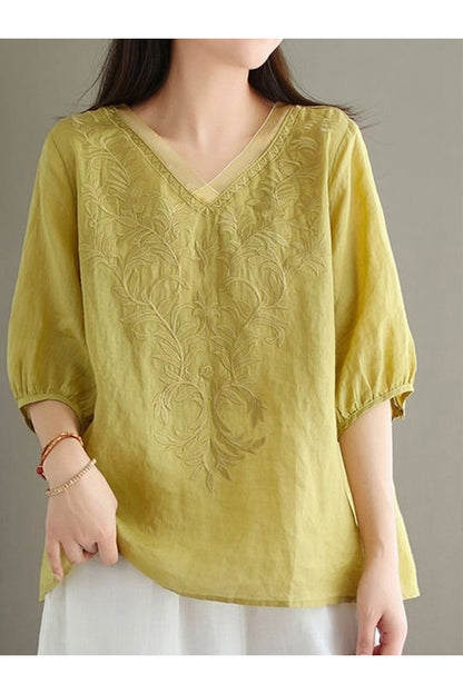 Floral Embroidery V-neck Loose Casual Shirt