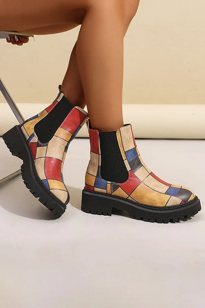 Round Toe Multicolor Print Patchwork Chunky Heel Ankle Boots