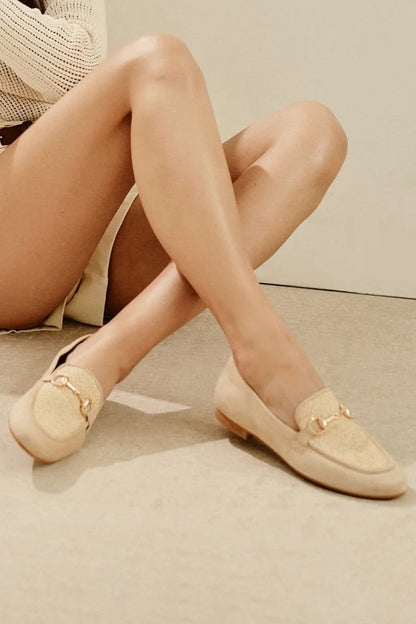 Metallic Buckle Patchwork Round Toe Beige Loafers [Pre Order]