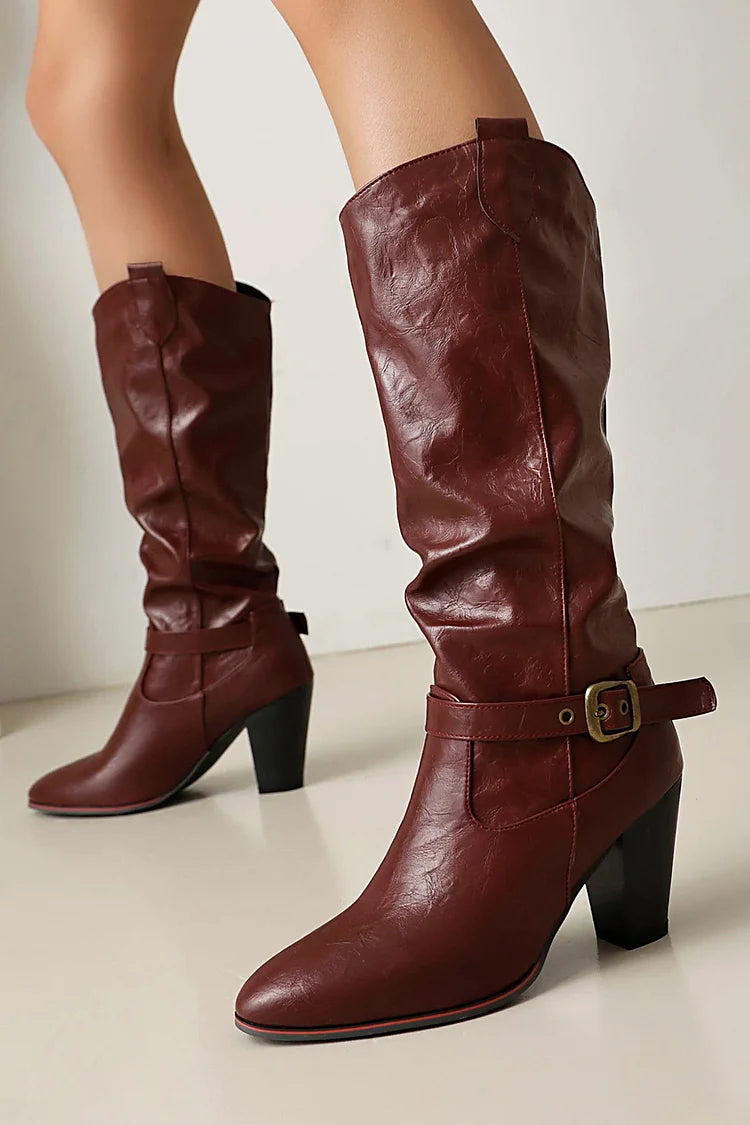 Pointed Toe Chunky Heel Strap Buckle Decor Solid Color Mid Calf Boots