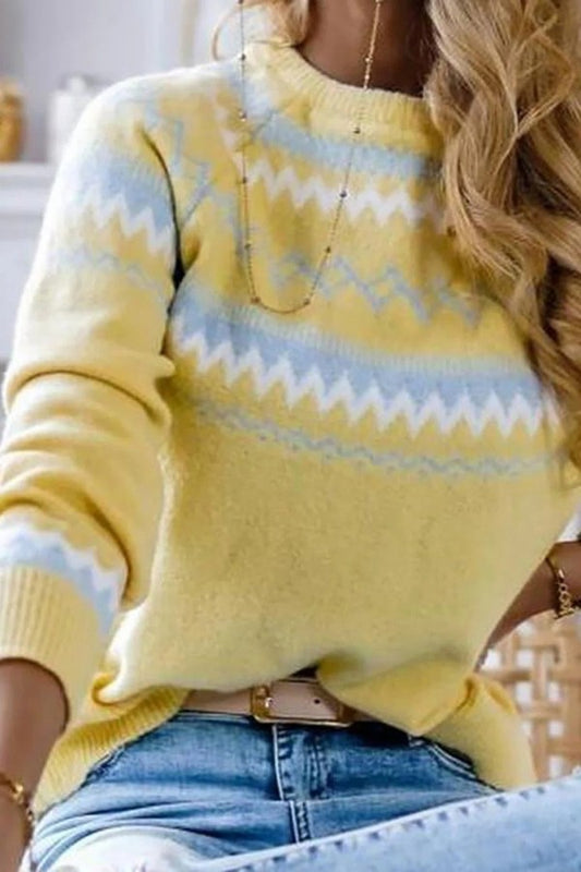 Geometric Stripe Crew Neck Long Sleeves Sweater