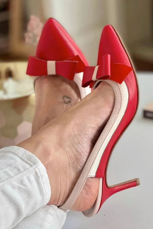 Bow Pointed Toe Patchwork Slingback Red Stiletto Heels [Pre Order]