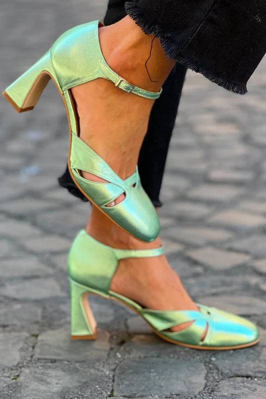 Glossy Patchwork Ankle Strap Square Toe Green Chunky Heels [Pre Order]