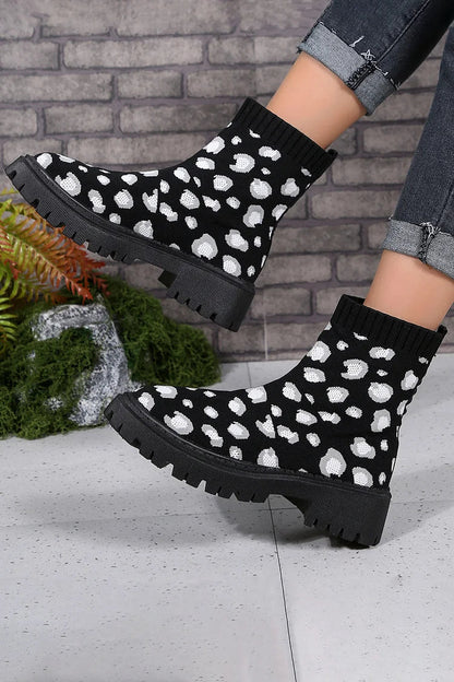 Colorblock Knitted Leopard Pattern Round Toe Chunky Heel Ankle Boots