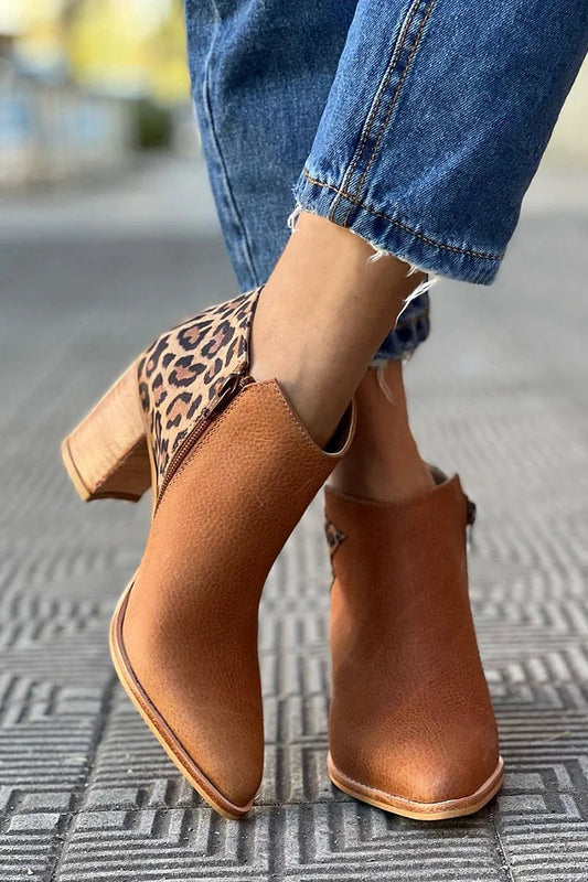 Pointed Toe Leopard Print Chunky Heel Brown Ankle Boots [Pre Order]