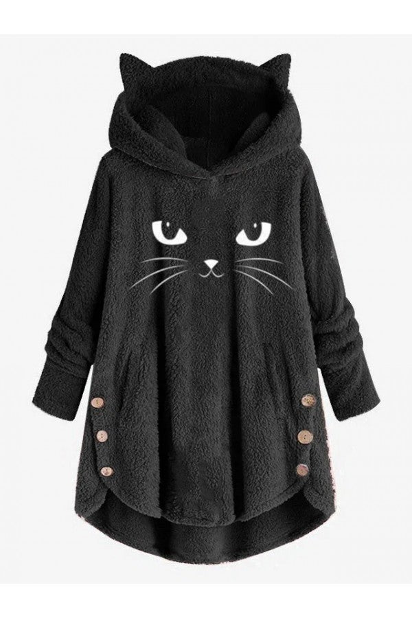 Scratching Cute Cat Embroidered Loose Warm Sweatshirt