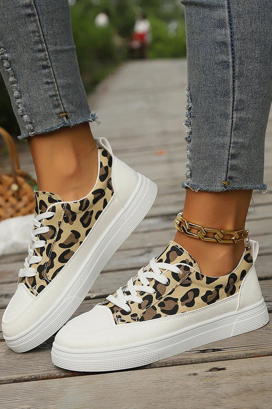 Leopard Print Round Toe Patchwork Lace Up Sneakers