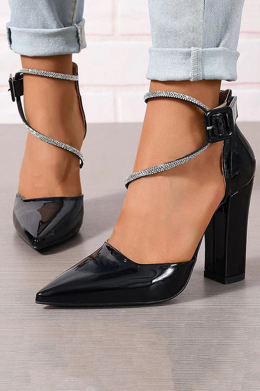 Glossy Rhinestone Criss Cross Strap Buckle Pointed Toe Chunky Heels