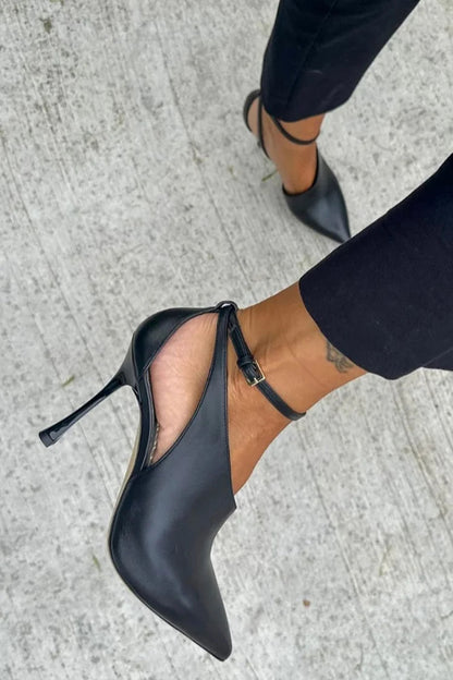 Ankle Strap Buckle Cutout Pointed Toe Black Stiletto Heels