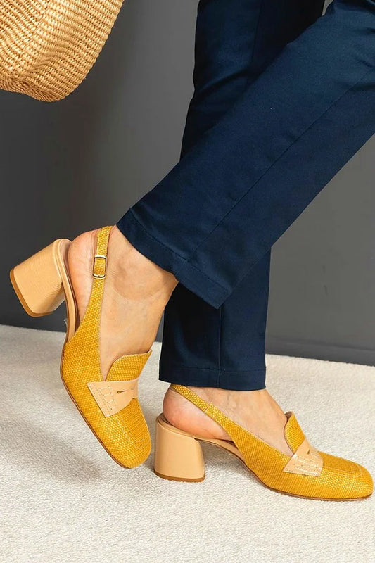Patchwork Round Toe Slingback Yellow Chunky Heels [Pre Order]