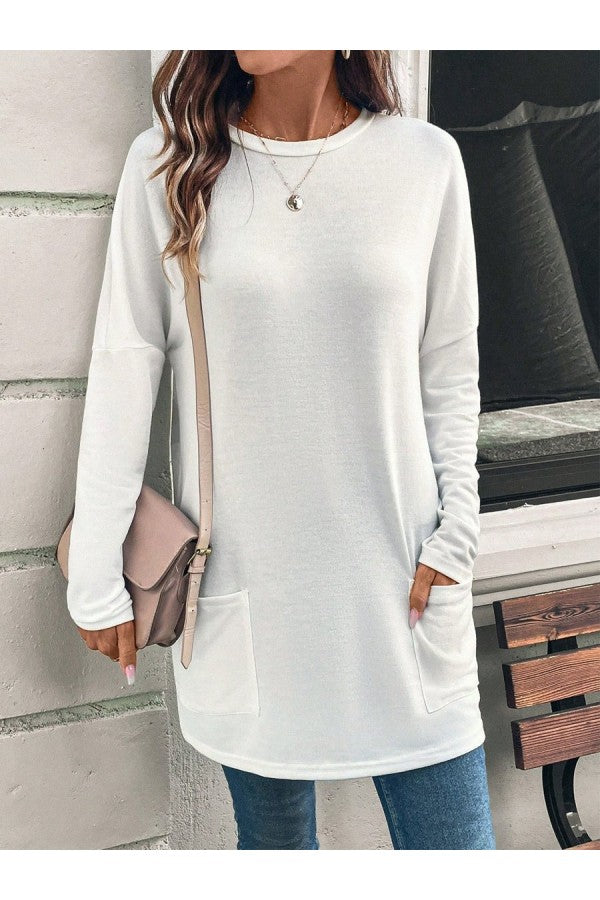 Long Sleeve Plain Crew Neck Blouse Spring Fall Casual Daily Top