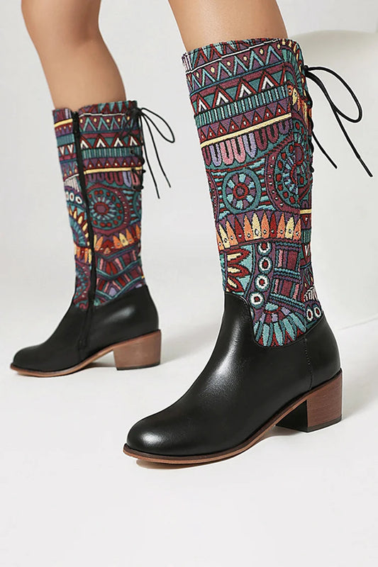 Multicolor Tribal Pattern Patchwork Lace Up Mid Calf Boots