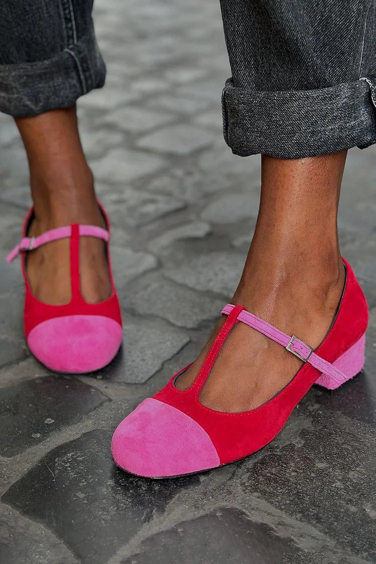 Round Toe Colorblock T-Strap Buckle Red Chunky Heels [Pre Order]