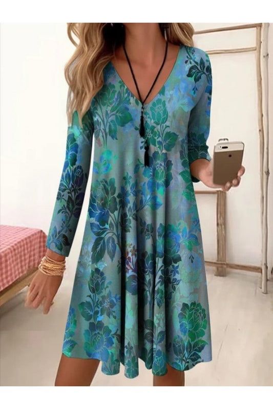 Casual Floral V Neck 3/4 Sleeve Comfy Mini Dress