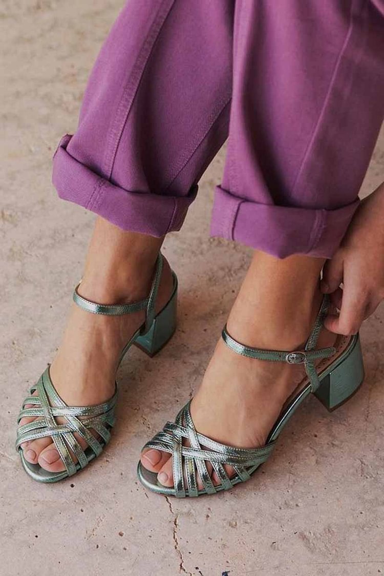 Crossover Straps Solid Color Peep Toe Green Chunky Heels [Pre Order]