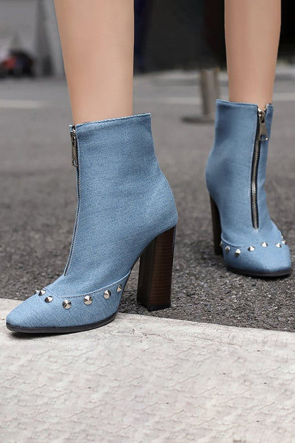 Metal Rivets Patchwork Zipper Square Toe Chunky Heel Ankle Boots