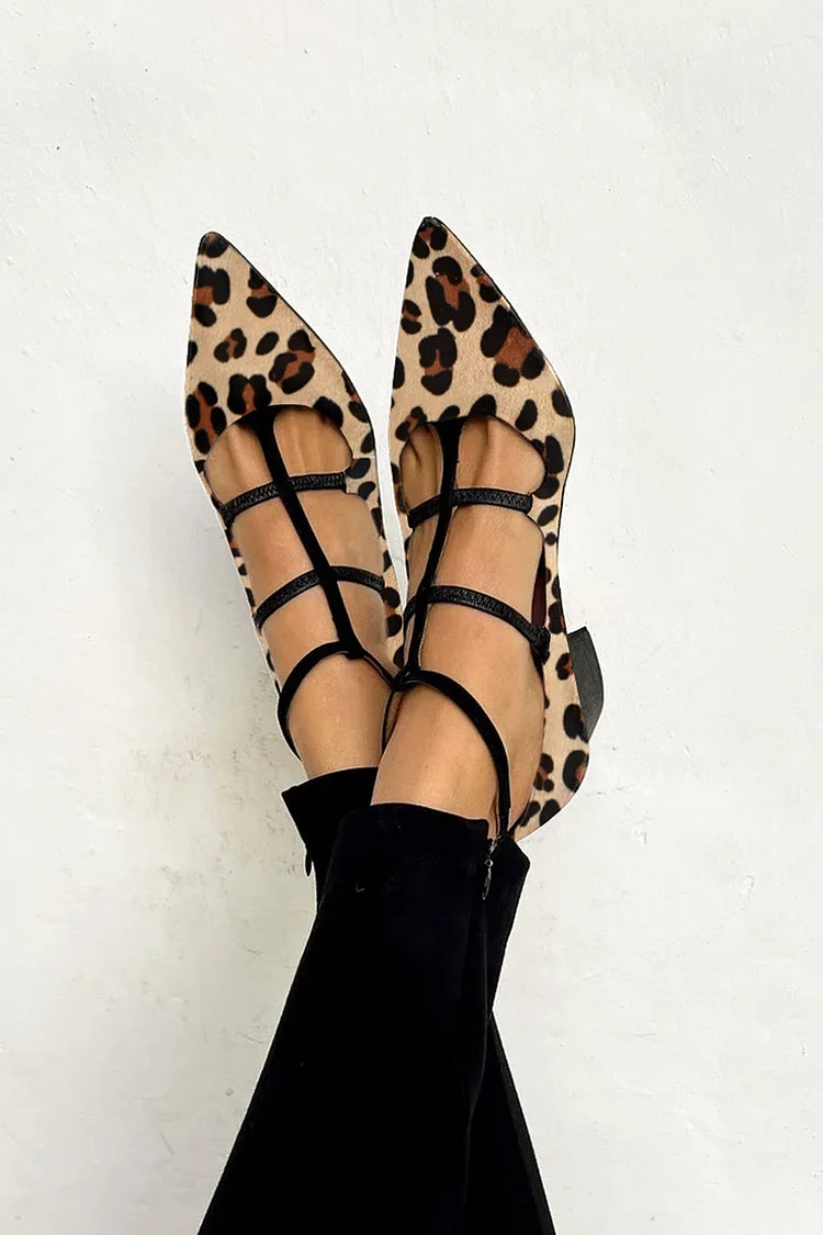 Leopard Print Pointed Toe Cross Strap Khaki Chunky Heels [Pre Order]