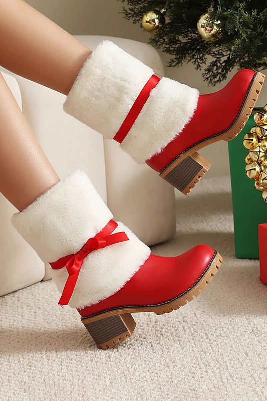 Christmas Colorblock Fluffy Tied Up Bow Round Toe Chunky Heel Mid Boots