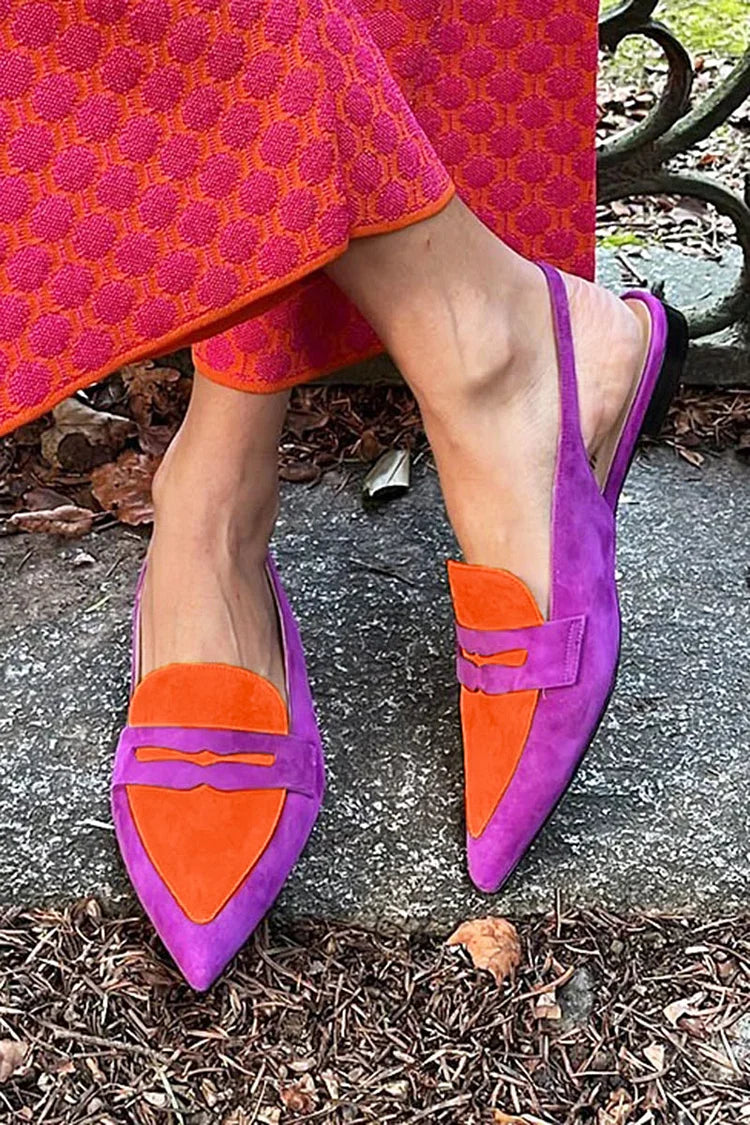 Patchwork Colorblock Pointed Toe Slingback Purple Flats [Pre Order]