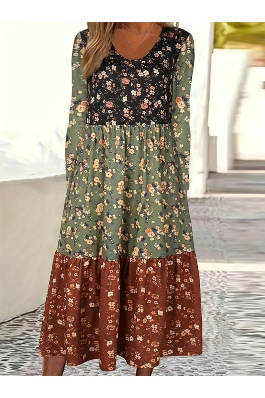 Casual Floral Print Crew Neck Long Sleeve Maxi Dress