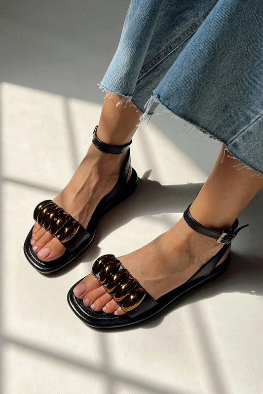 Metallic Decor Ankle Strap Buckle Black Sandals [Pre Order]